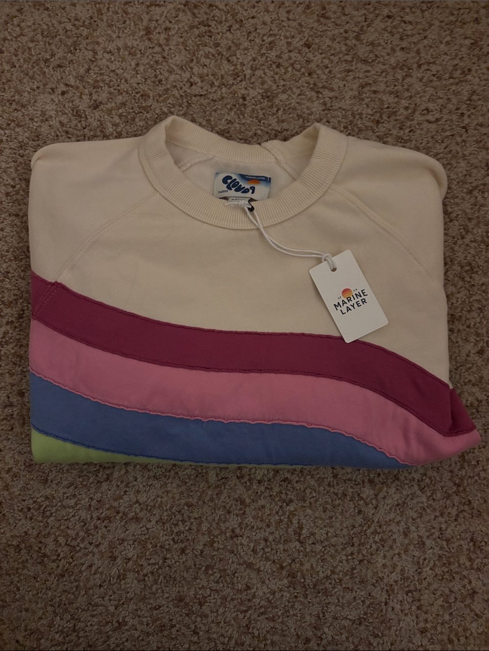 Marine Layer Cream Crewneck with Raspberry Pink Periwinkle and Lime Colorbands